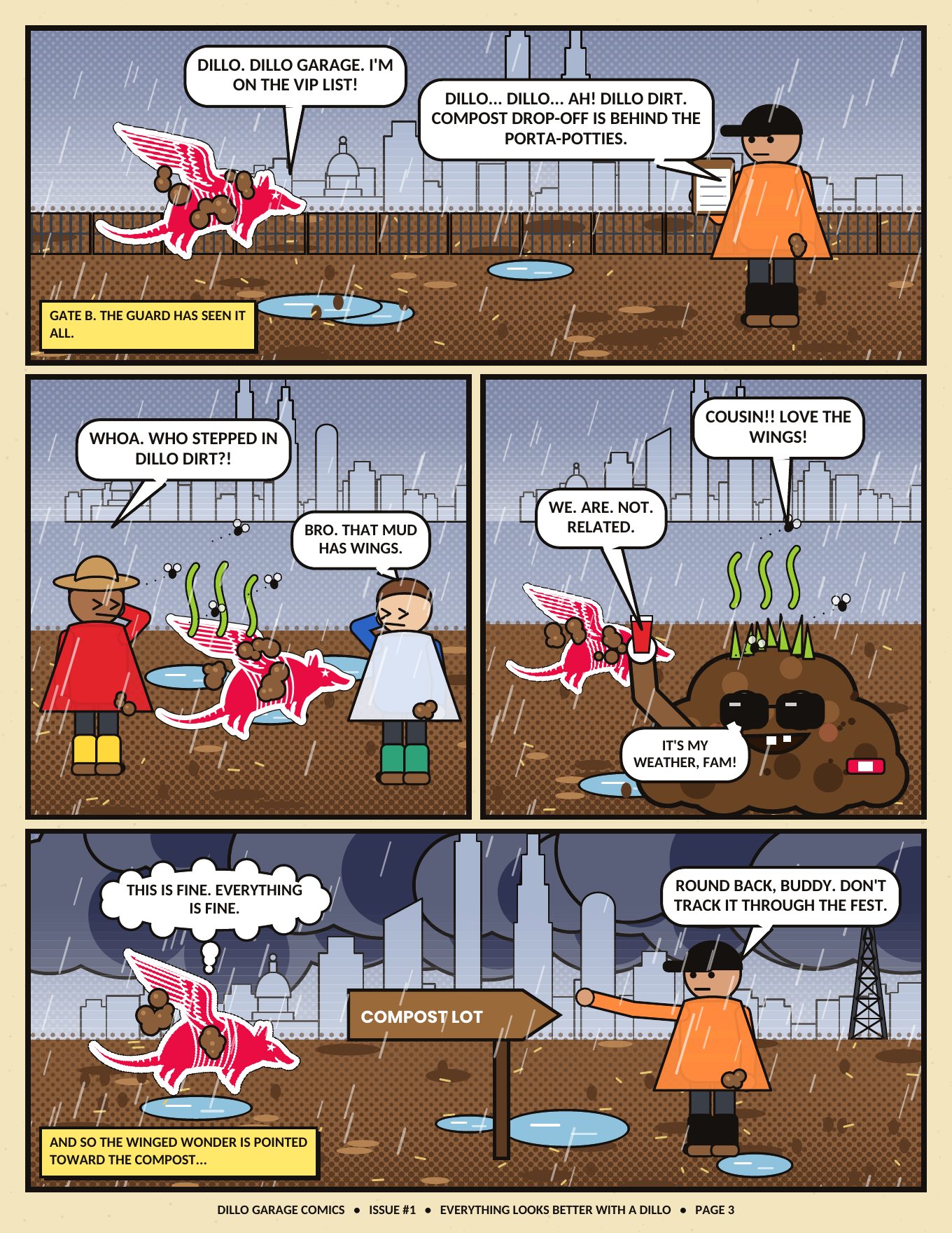 Page 3: At Gate B the guard mistakes the Dillo for Dillo Dirt and points him to the compost lot.