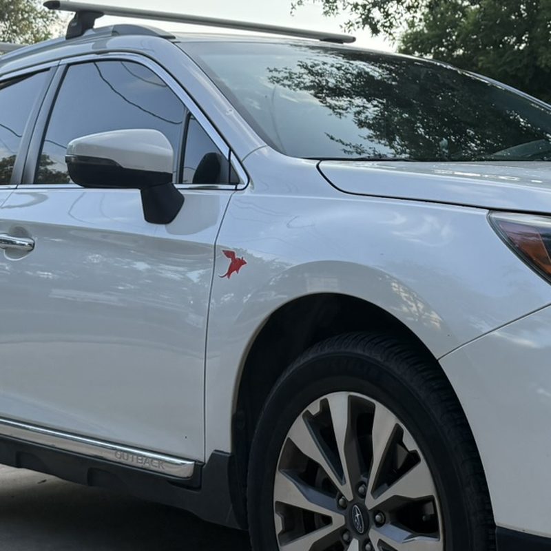 Dillo sticker on the front fender of a white Subaru Outback